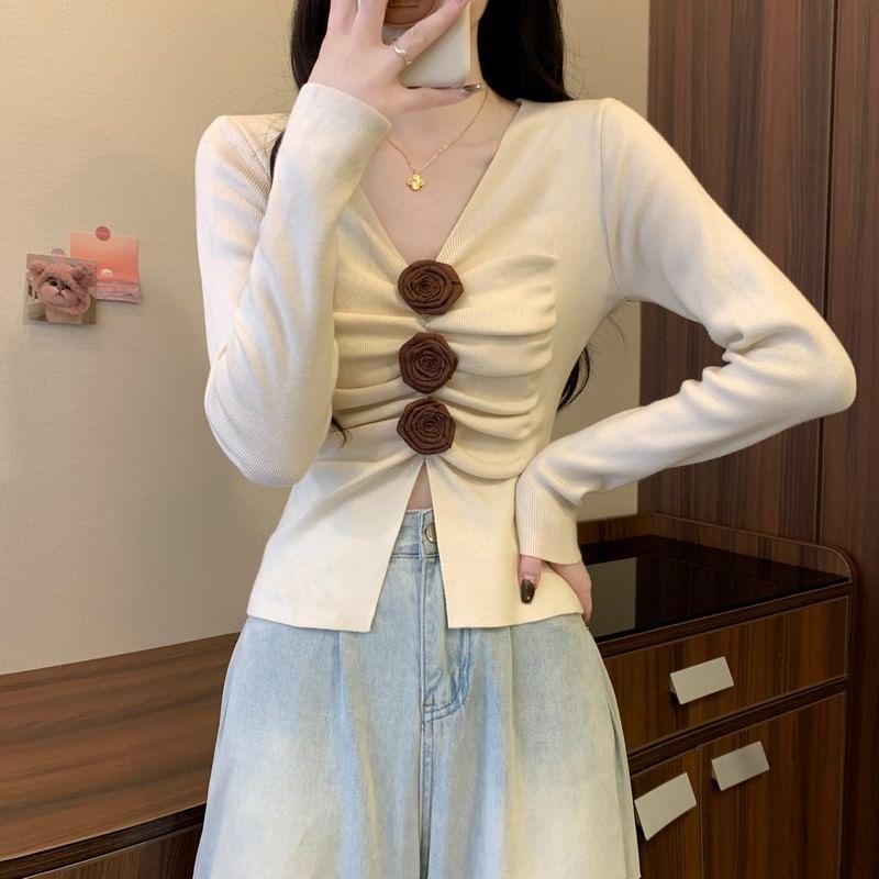 Long Sleeve V-Neck Floral Detail Ruched Slit Knit Top Product Image