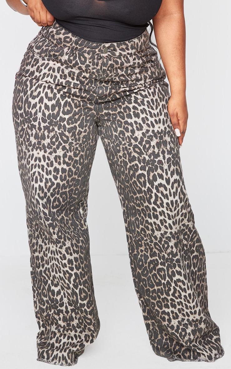 Plus Brown Leopard Print Denim Wide Leg Denim Jean Product Image