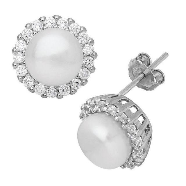 Sterling Silver Freshwater Cultured Pearl & Cubic Zirconia Stud Earrings, Womens, White Product Image