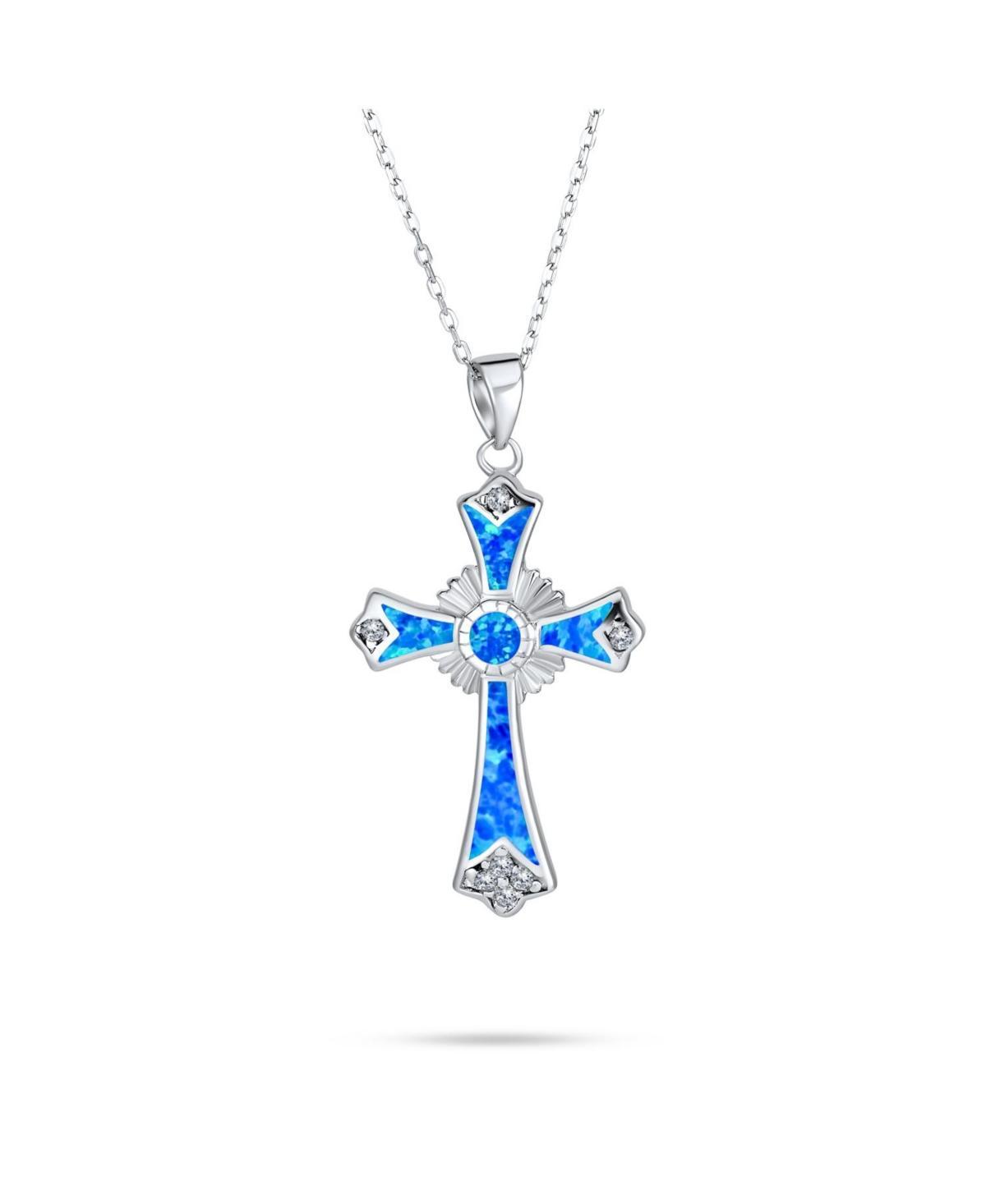 Bling Jewelry Created Blue Synthetic Opal Cz Christian Eternal Circle Cross Pendant Necklace For Women Sterling Silver Product Image