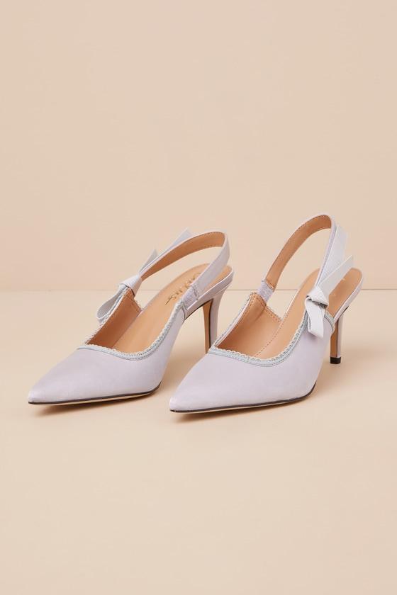 Ancolie Silver Satin Bow Pointed-Toe Slingback Pumps Product Image