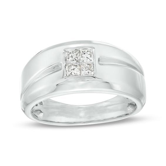 Men's 1/2 CT. T.w. Quad Square-Cut Diamond Slant Groove Band in 10K White Gold Product Image