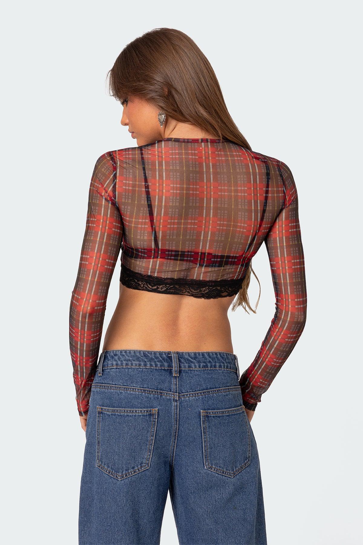 Noel Plaid Printed Mesh Crop Top Product Image