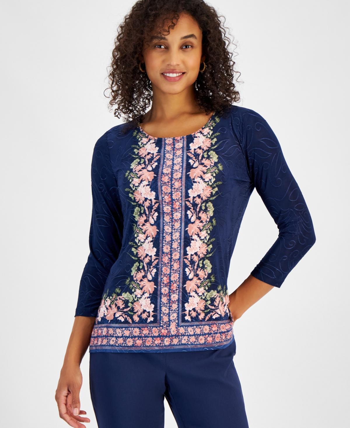 Jm Collection Womens Printed Jacquard 3/4-Sleeve Top, Created for Macys Product Image