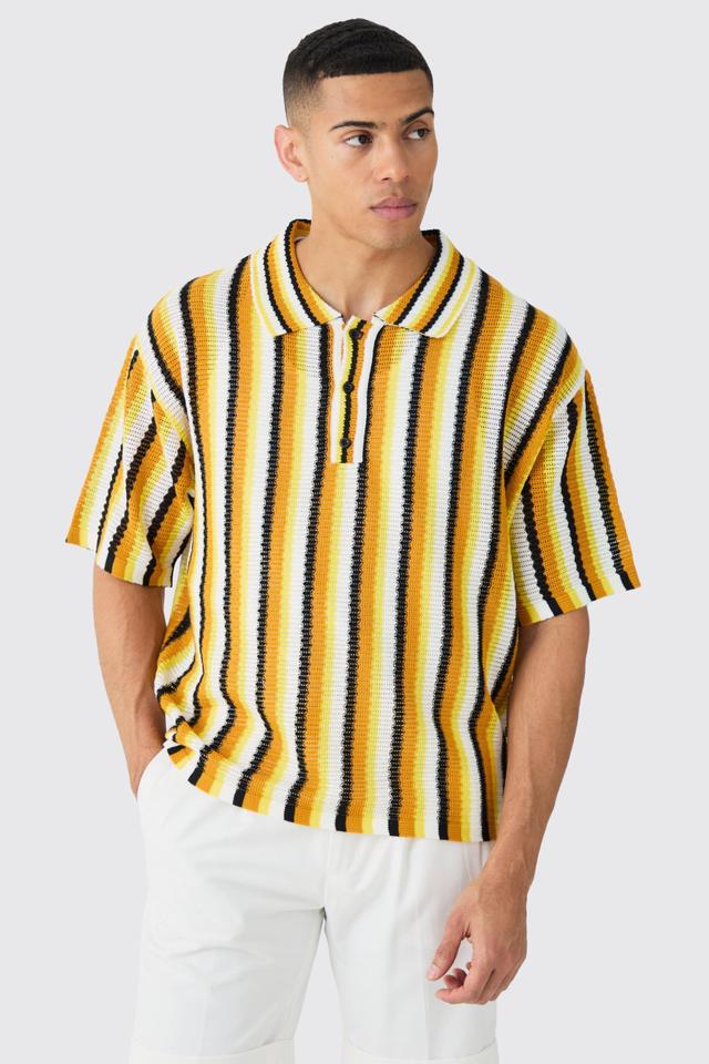 Mens Oversized Boxy Open Stitch Stripe Knit Polo In Yellow, Yellow Product Image