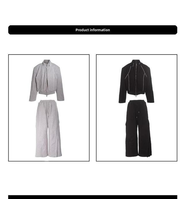 Stand Collar Contrast Trim Panel Zip Jacket / Drawstring Waist Wide Leg Sweatpants Product Image