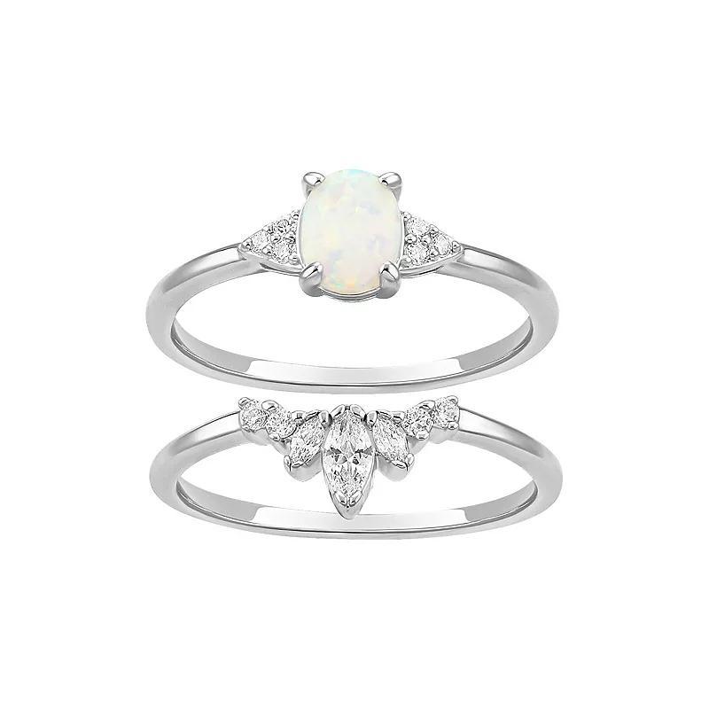 PRIMROSE Fine Silver Plated White Opal & Graduated Marquise Cubic Zirconia Ring Duo Set, Womens Silvertone White Product Image