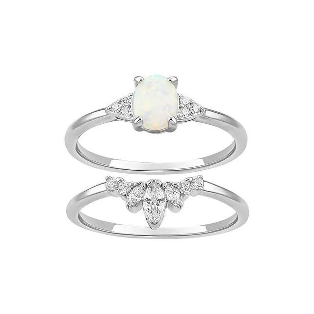 PRIMROSE Fine Silver Plated White Opal & Graduated Marquise Cubic Zirconia Ring Duo Set, Womens Silvertone White Product Image