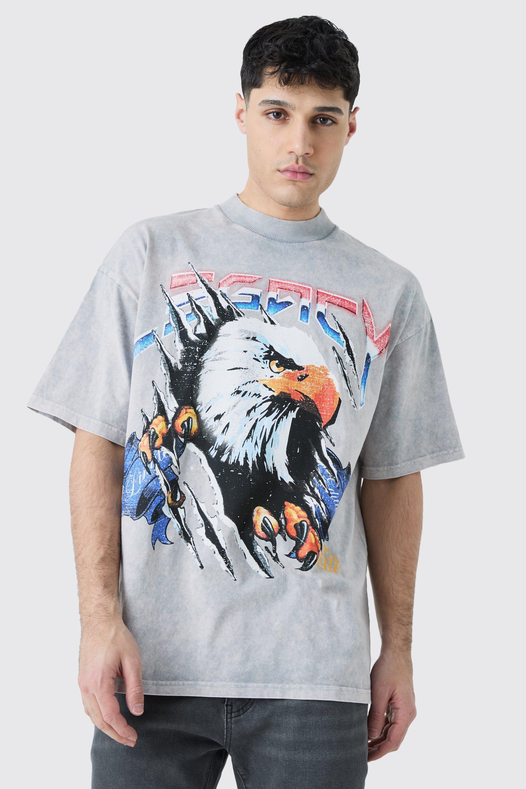 Oversized Eagle Graphic Acid Wash Heavyweight T-shirt | boohooMAN USA Product Image