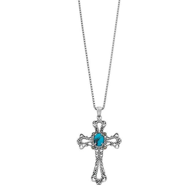 Lavish by TJM Sterling Silver Lab-Created Turquoise & Marcasite Cross Pendant Necklace, Womens Product Image