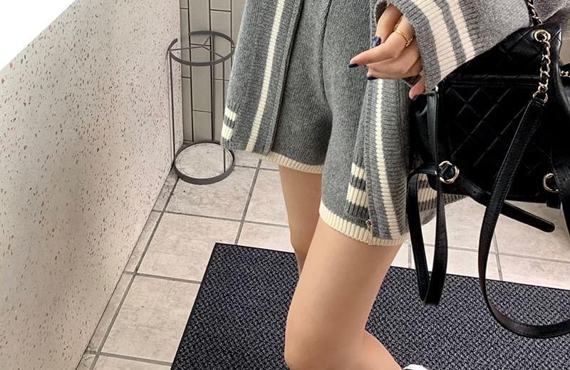 Set: V-Neck Contrast Trim Cardigan + High Waist Shorts Product Image