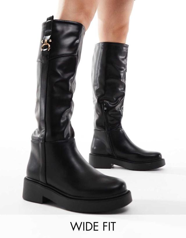 SEQWL Wide Fit knee high flat riding boots in black Product Image