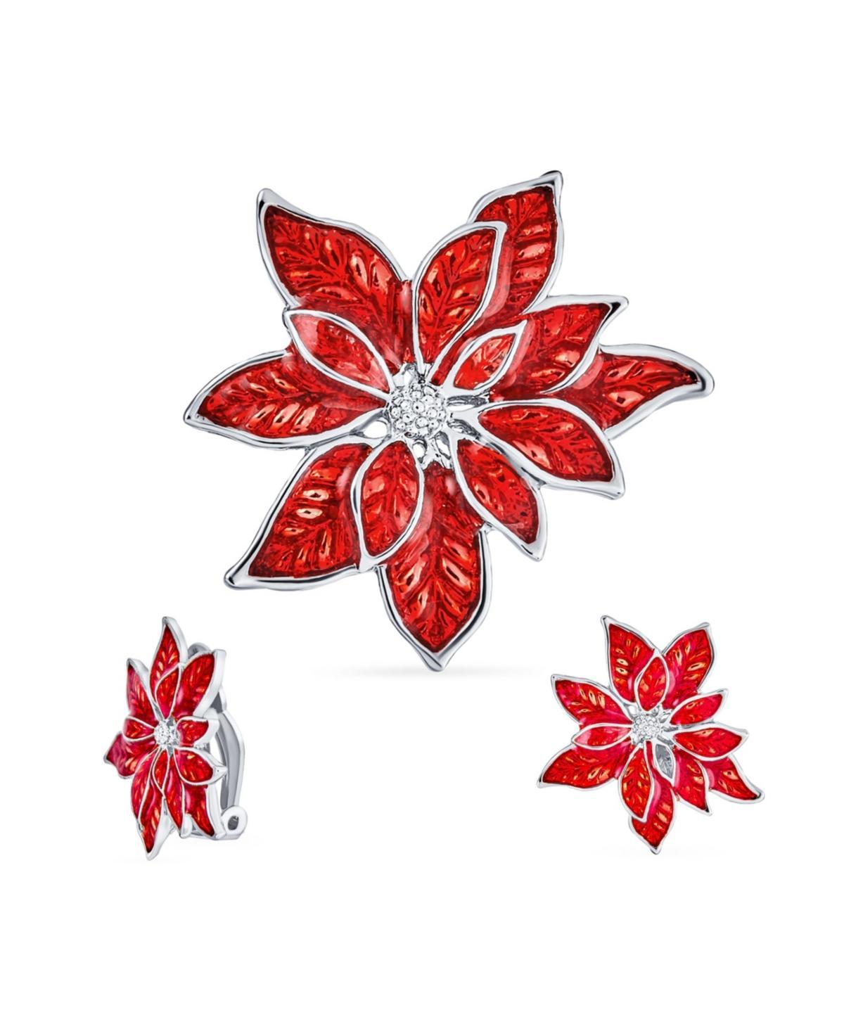 Large Statement Flower Holiday Party White Red Enamel Poinsettia Brooch Clip On Earrings Christmas Scarf Pin Jewelry Set For Women Product Image