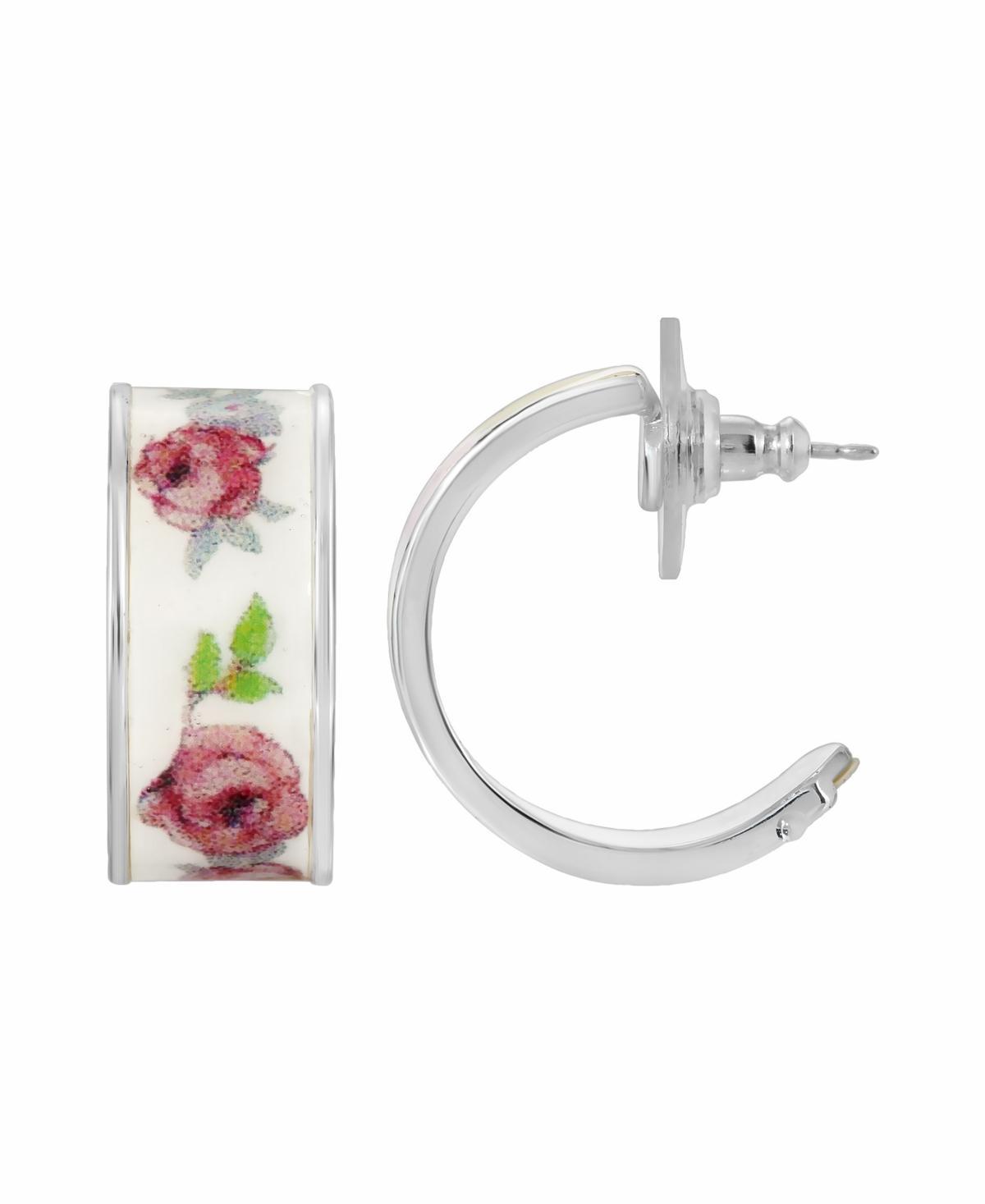 1928 Silver Tone Pink Floral Hoop Earrings, Womens Product Image