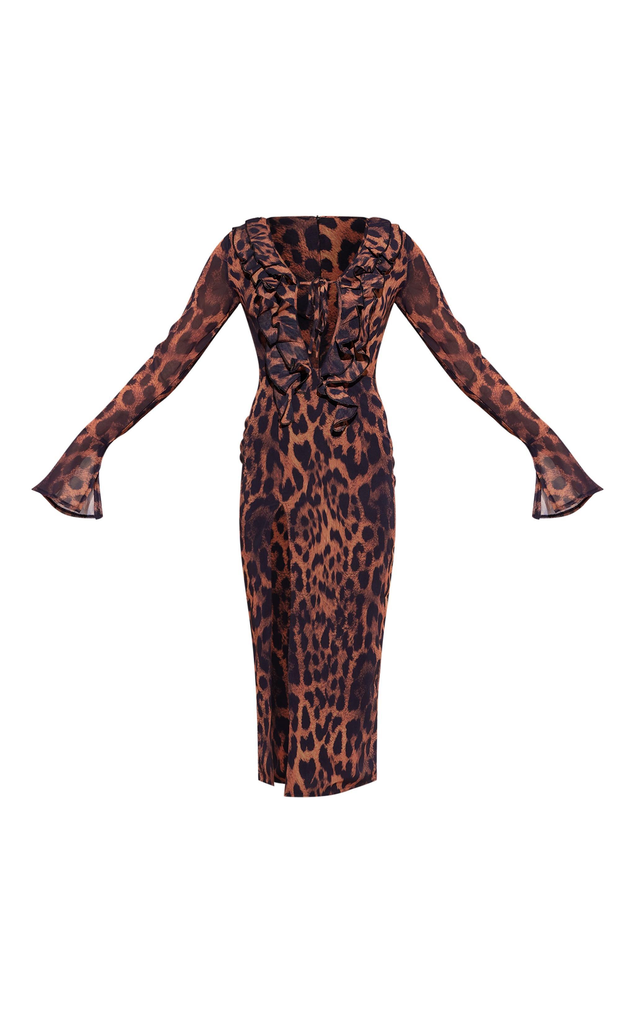 Leopard Print Chiffon Long Sleeve Frill Detail Midi Dress Product Image