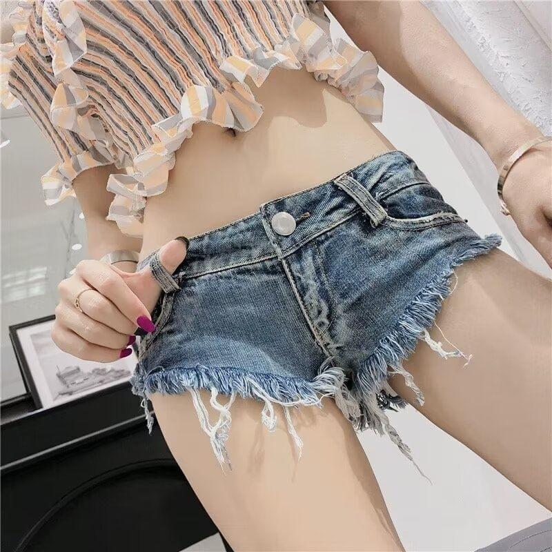 Low Rise Washed Frayed Denim Hot Pants Product Image