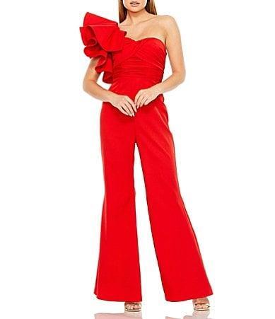 Womens One-Shoulder Flared Ruffled Jumpsuit Product Image