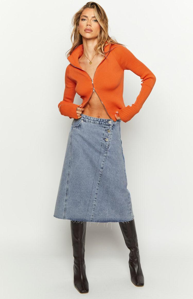 Jas Mid Wash Mid Waist Denim Midi Skirt Product Image