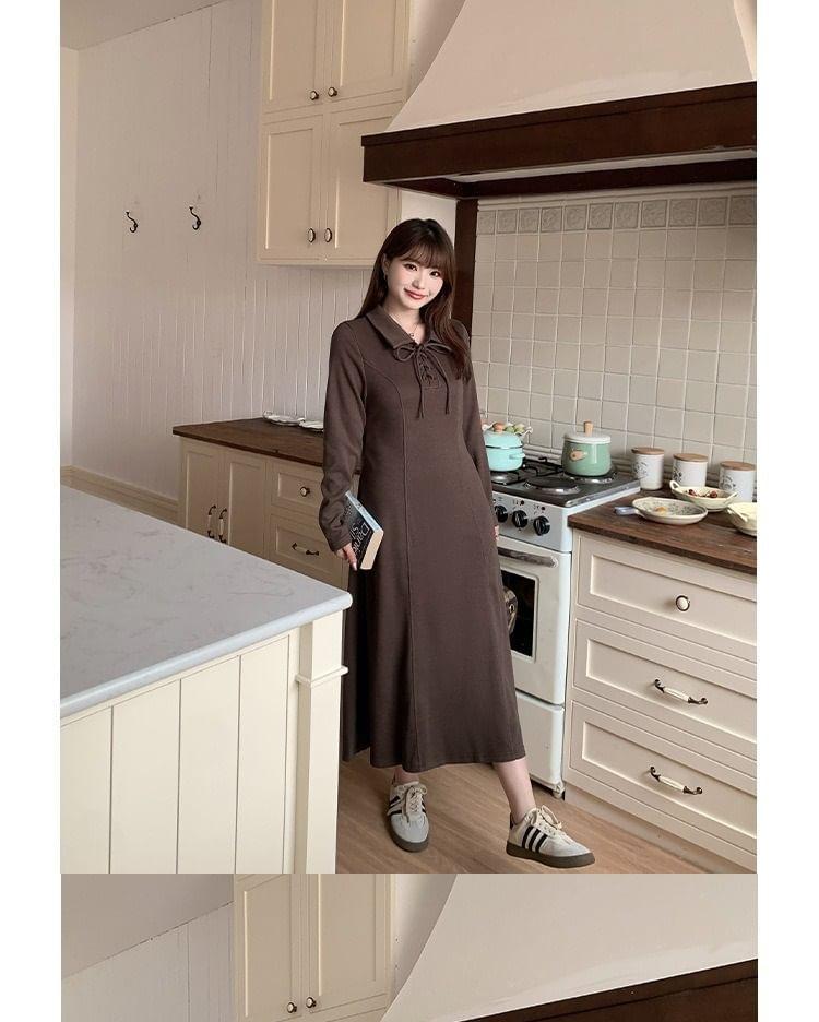 Long-Sleeve Polo-Neck Plain Lace-Up Midi A-Line Dress Product Image