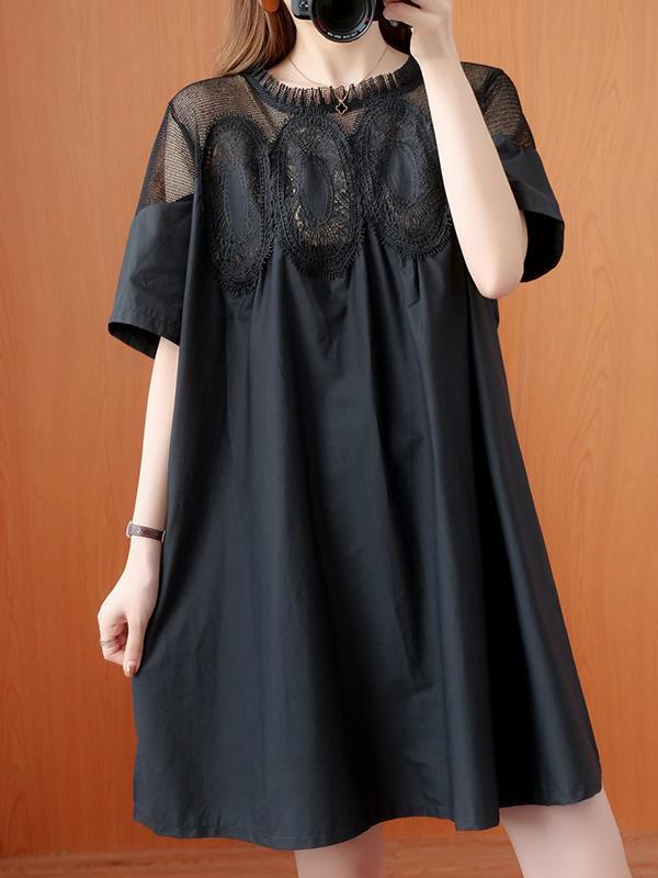 Original Solid Lace Split-Side Short Sleeve A-Line Mini Dress Product Image