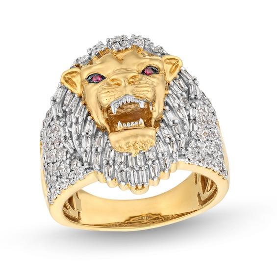 Men's 1-1/2 CT. T.w. Baguette and Round Diamond with Lab-Created Ruby Lion's Head Ring in 10K Gold Product Image