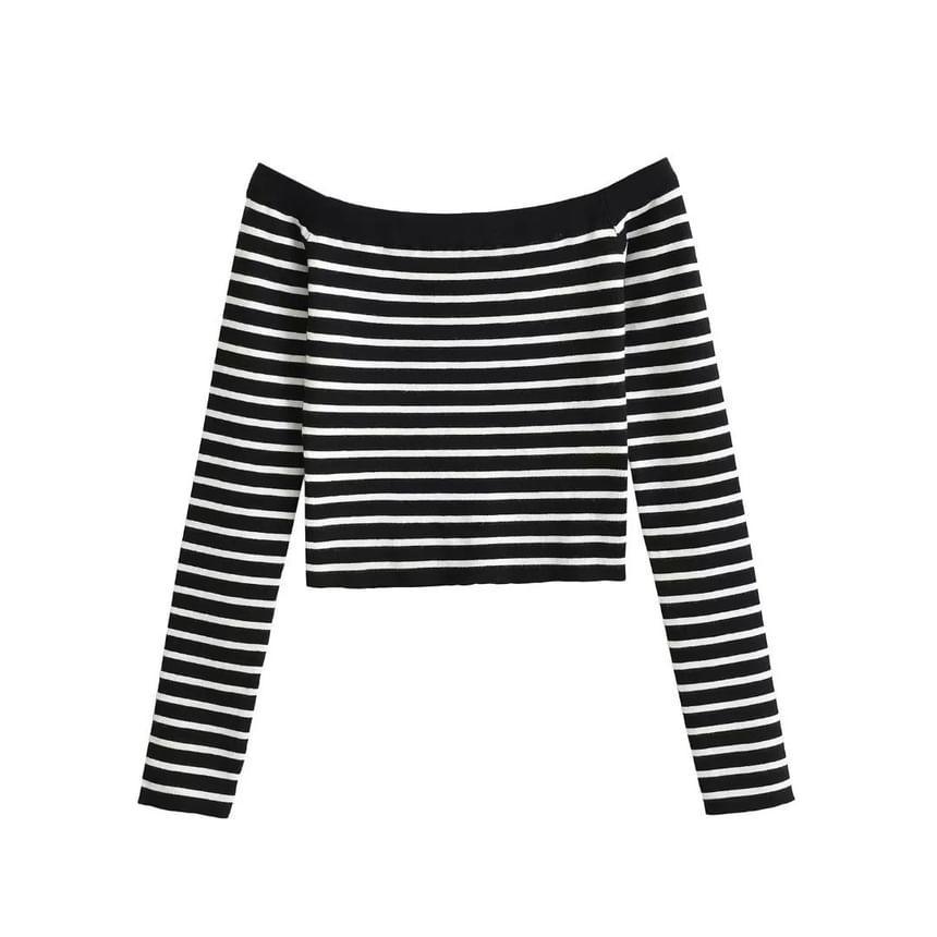 Off-Shoulder Long Sleeve Striped Cropped Knit Top Product Image