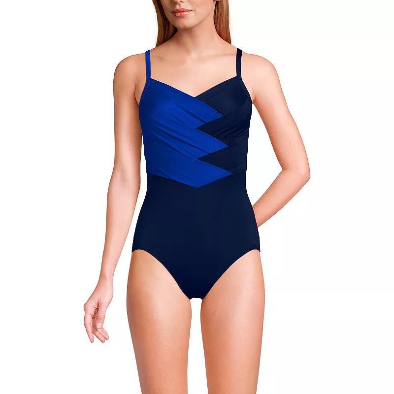 Womens Lands End Slendertex V-Neck Pleated Crossback One-Piece Swimsuit Product Image