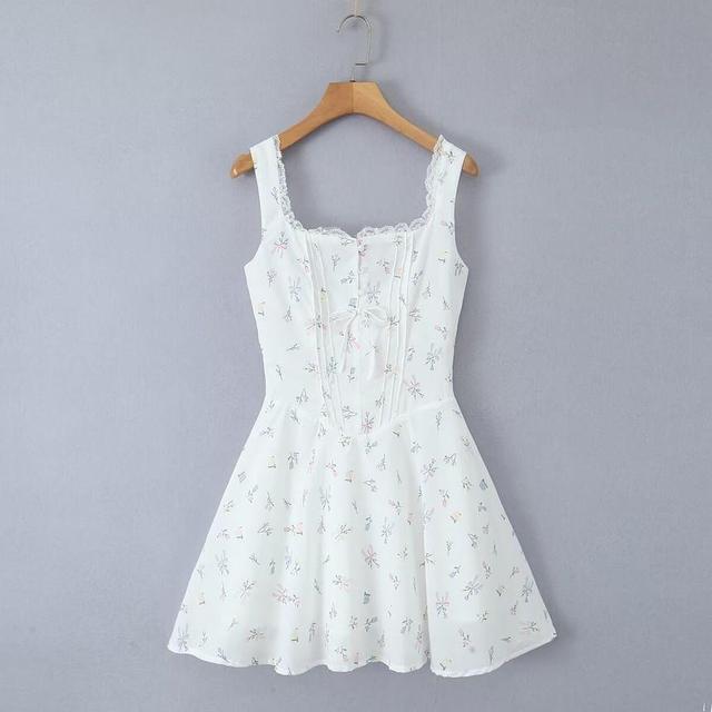 Sleeveless Square Neck Lace Trim Mini A-Line Dress Product Image