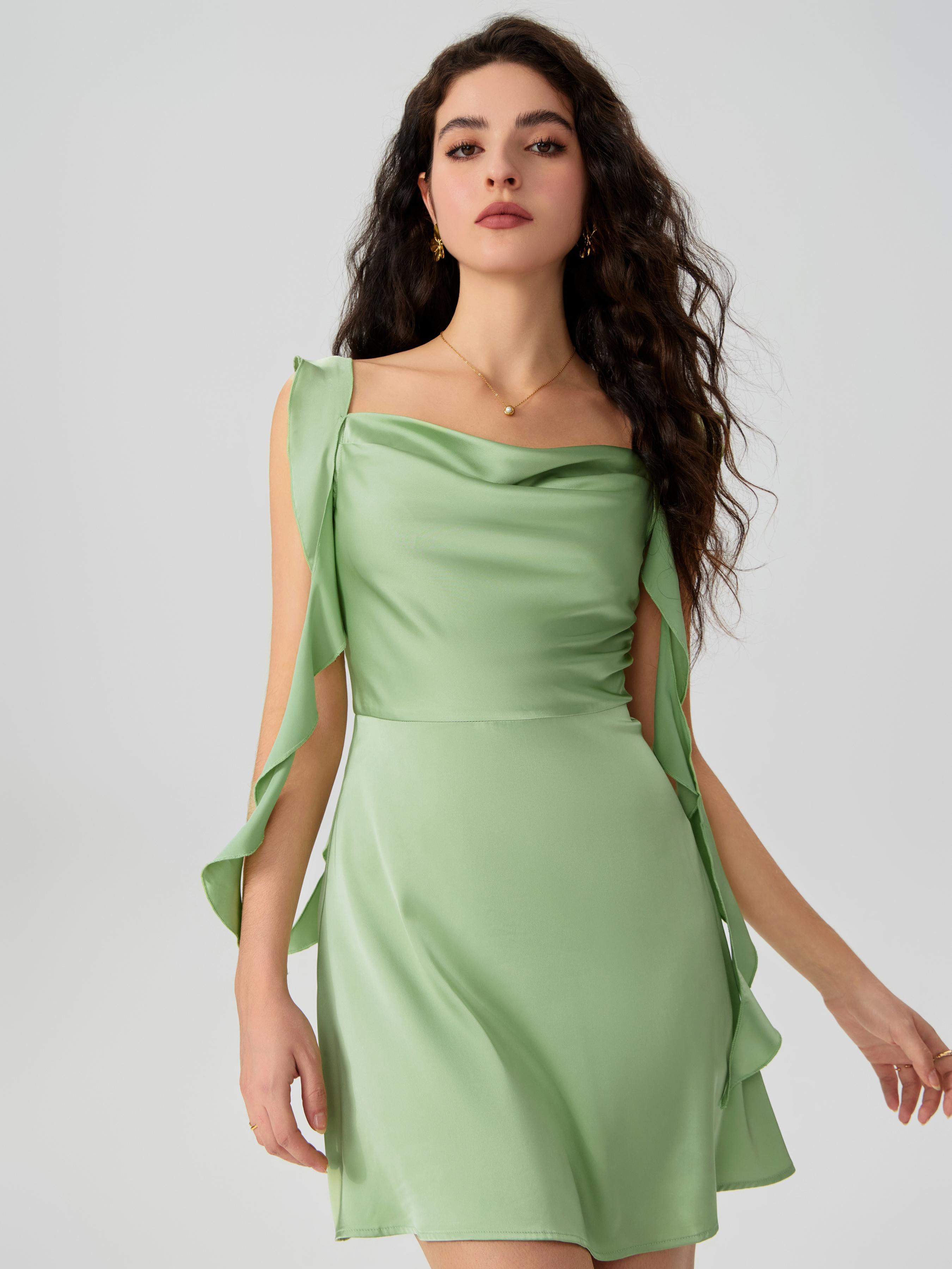 Satin Ruched Ruffle Hem Mini Dress Product Image