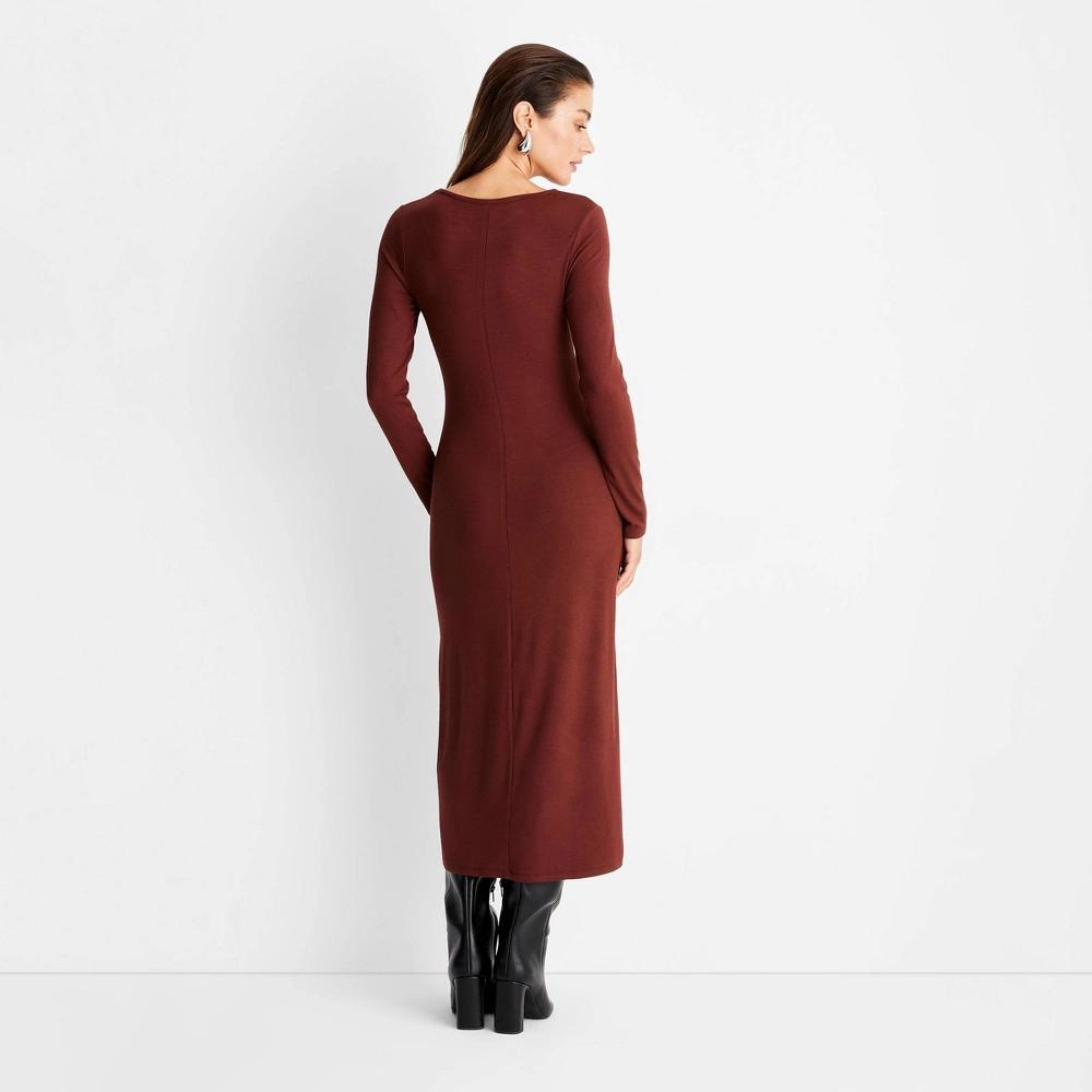 Women's Long Sleeve Ribbed Midi Bodycon Dress - A New Day™ Brown XL Product Image