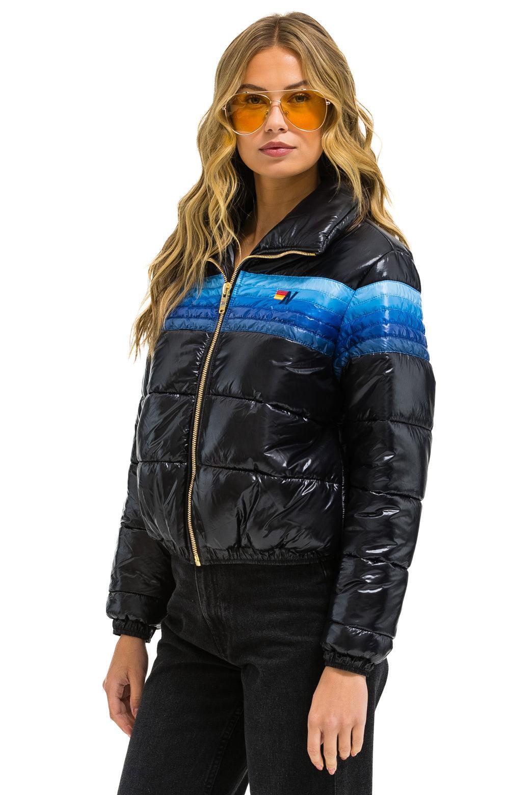 5 STRIPE LUXE APRES PUFFER JACKET - GLOSSY BLACK // BLUE STRIPES Female Product Image