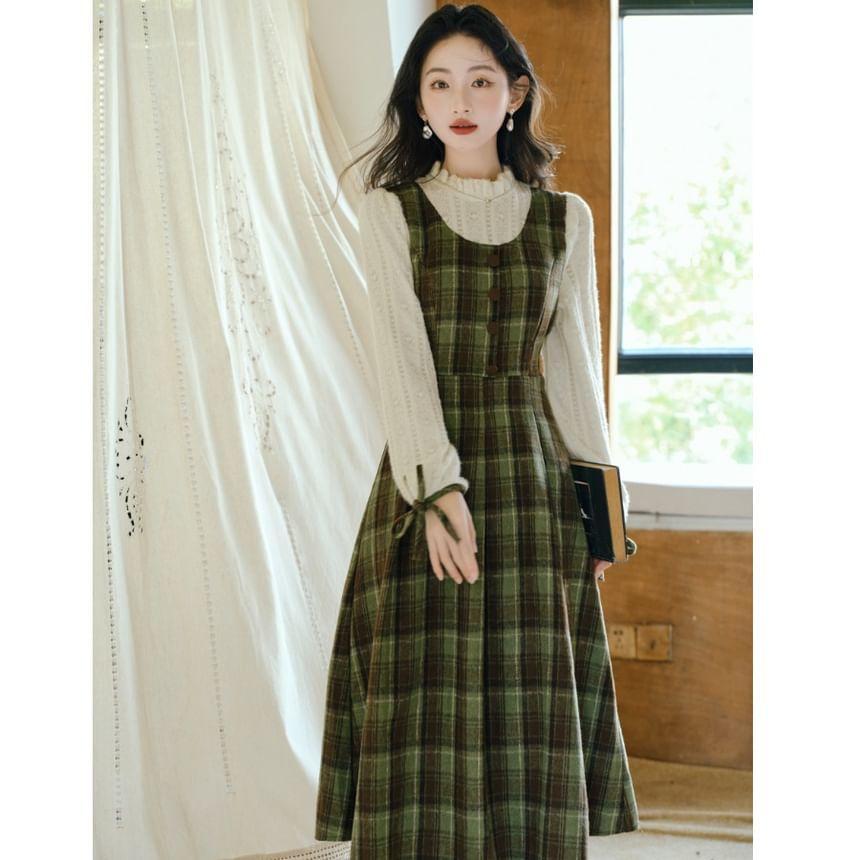 Long Sleeve Stand Collar Plaid Mock Two Piece Midi A-Line Dress Product Image