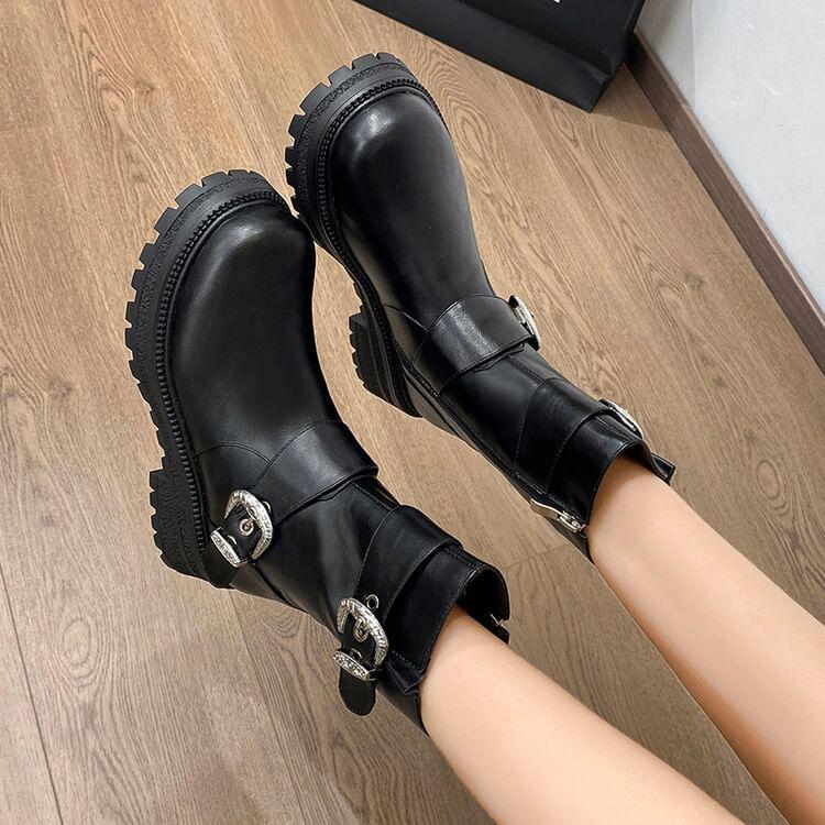 Faux Leather Buckled Platform Short Boots Product Image