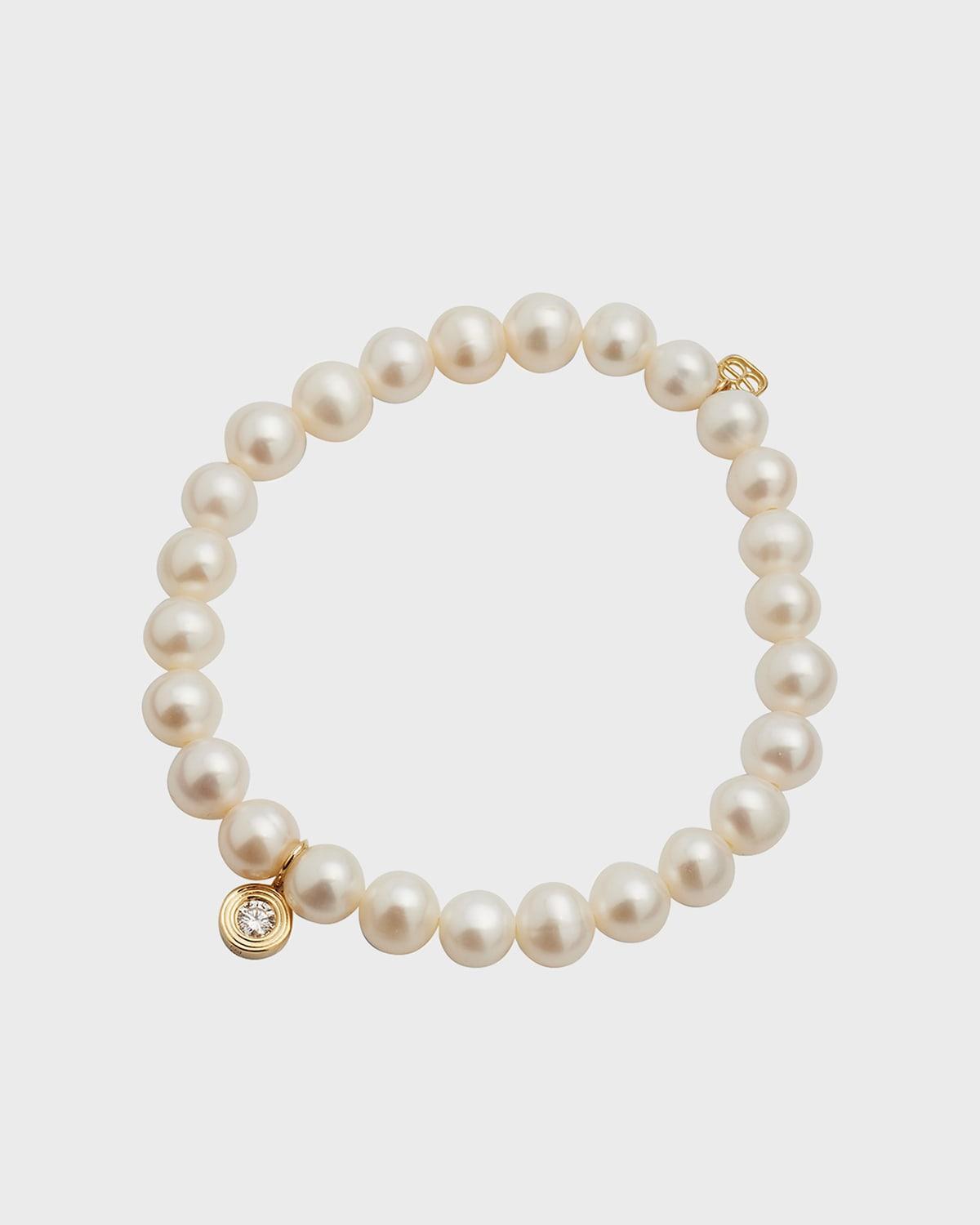 14k Gold Pearl Beaded Bracelet with Diamond Charm Product Image