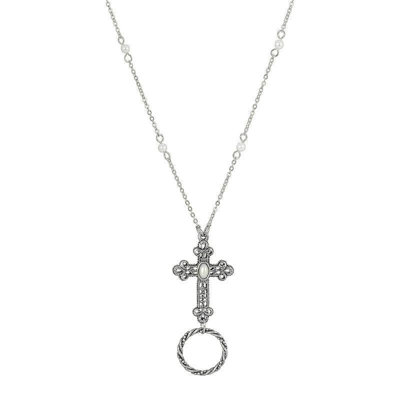 1928 Silver Tone Simulated Pearl Cross Eyeglass & Badge Holder Necklace, Womens, White Product Image