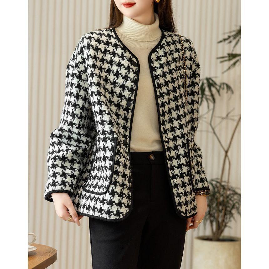 V-Neck Houndstooth Tweed Button Jacket Product Image