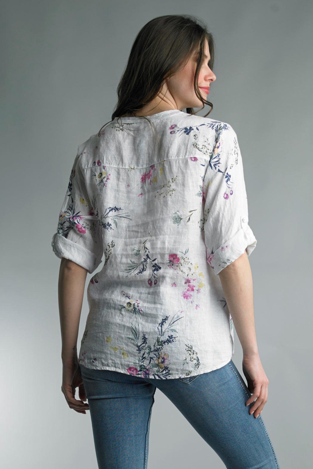 White Floral Linen Top Product Image