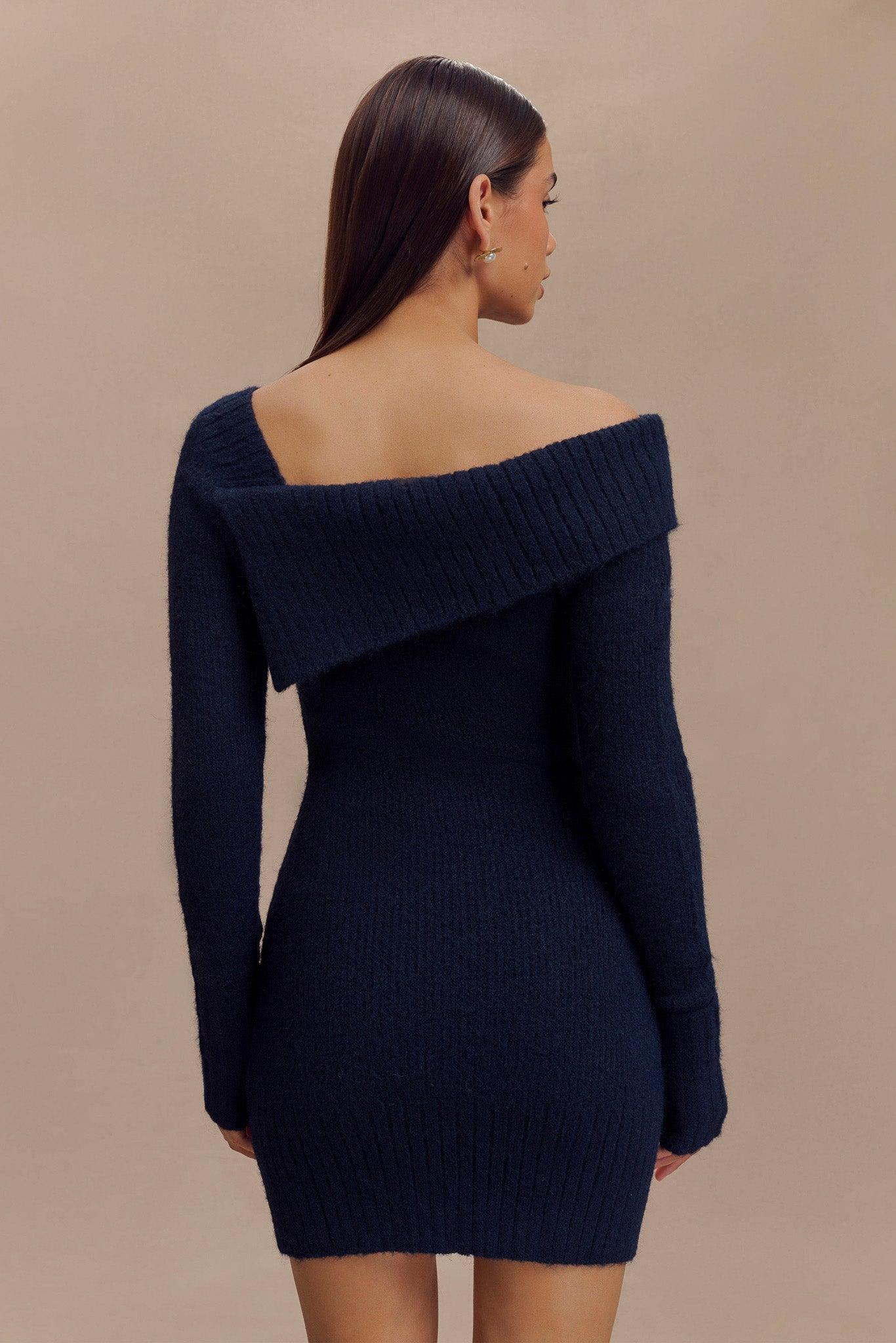 Stephanie Asymmetric Knit Mini Dress - Dark Navy Product Image