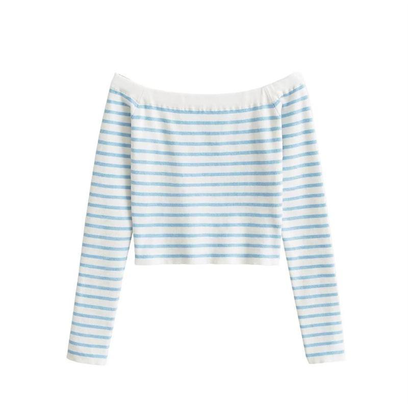 Long Sleeve Off Shoulder Striped Knit Crop Top Product Image