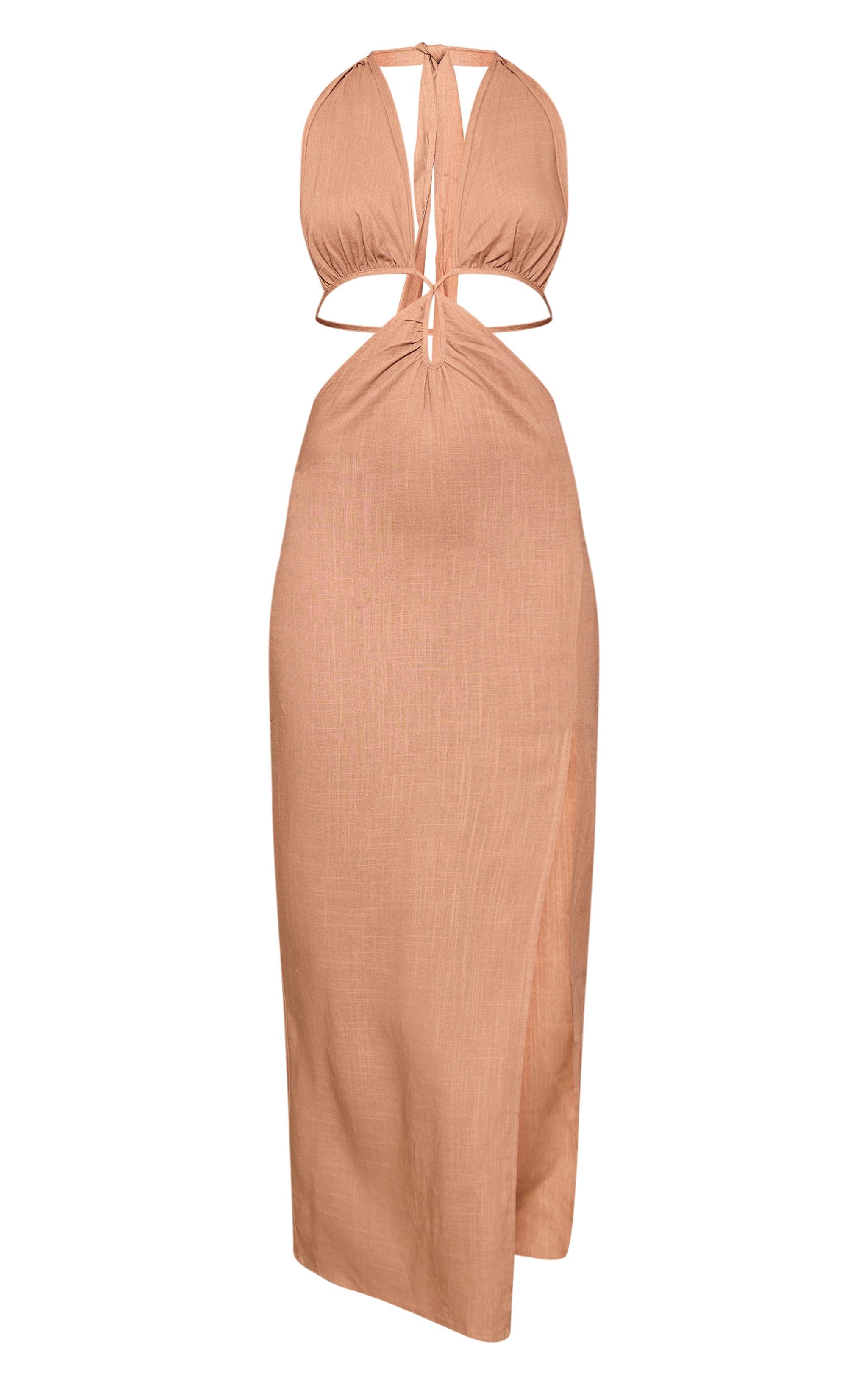  Camel Halterneck Backless Maxi Dress Product Image