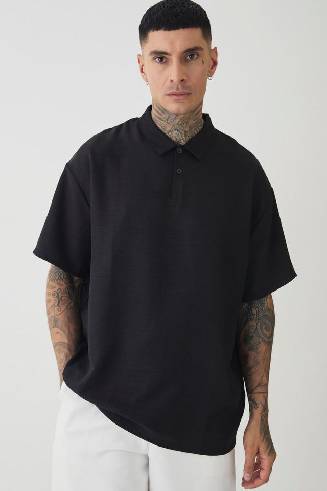 Tall Linen Polo In Black | boohooMAN USA Product Image