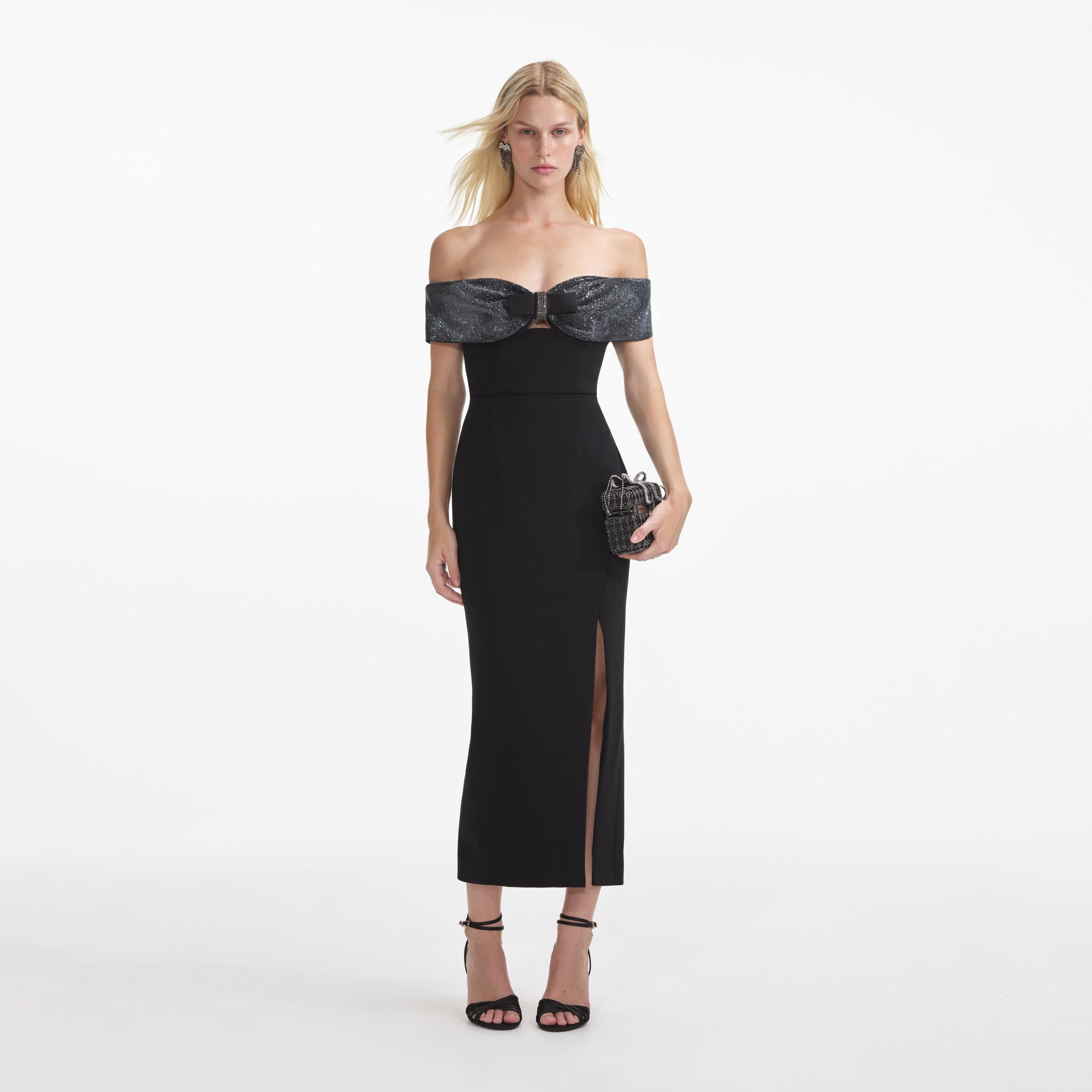 Black Crepe Bow Midi Dress Product Image