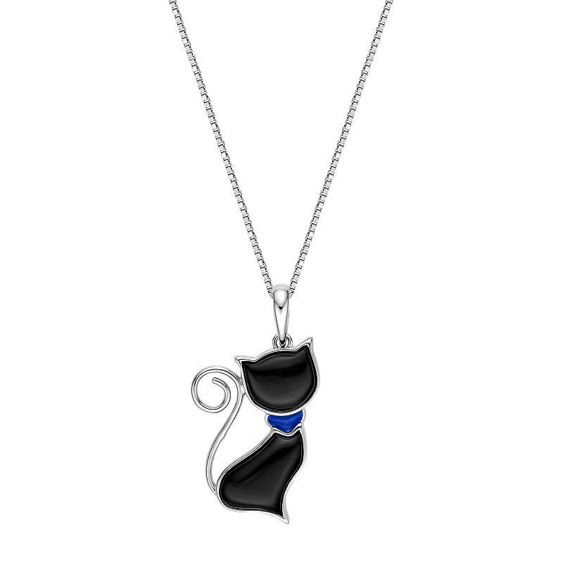 Gemminded Sterling Silver Onyx Cat Pendant Necklace, Womens Product Image