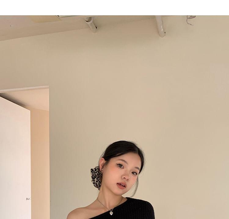 Long Sleeve One Shoulder Lace Panel Ribbed Knit Top Product Image