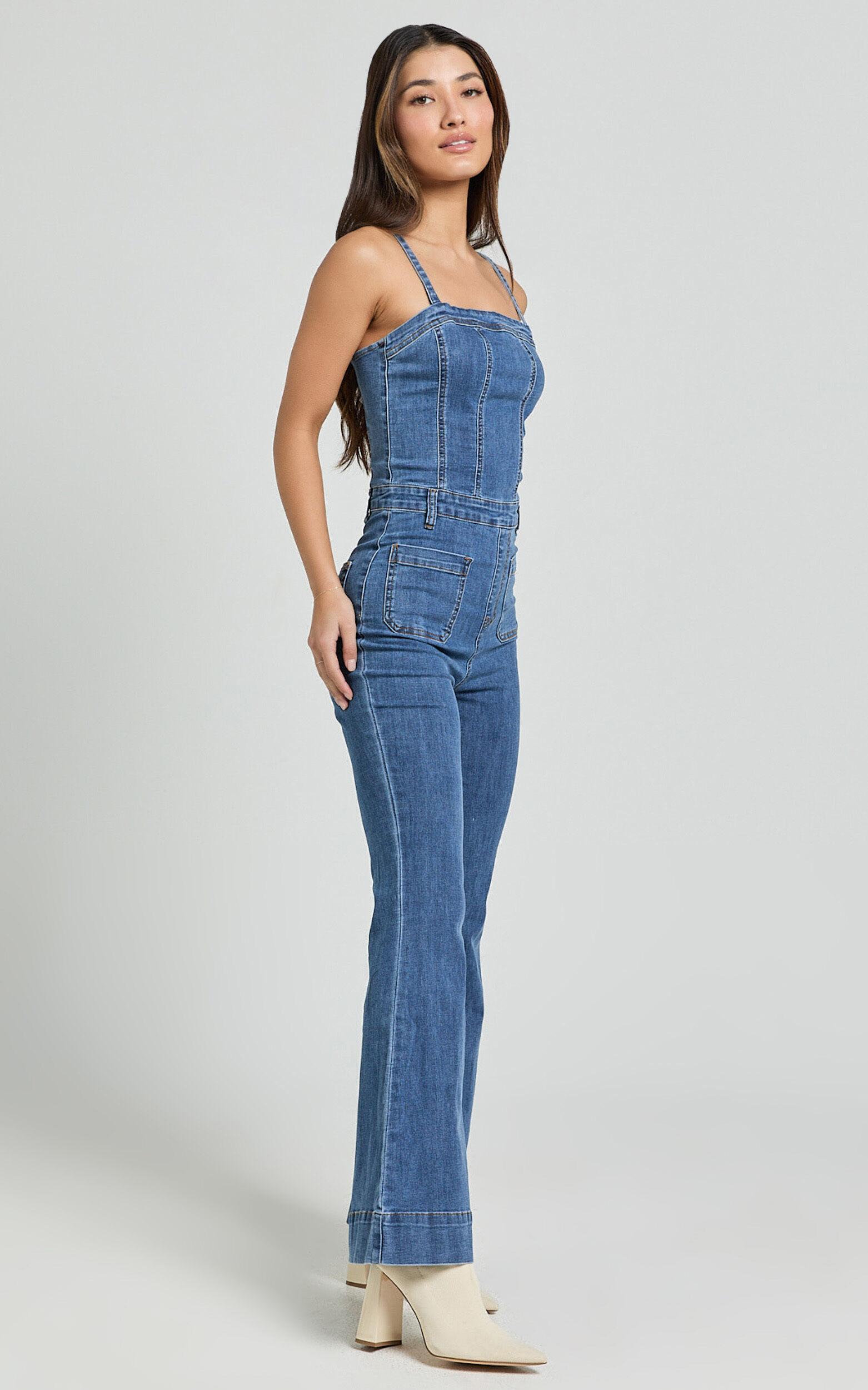 Joey Jumpsuit - Panelled Cami Flared Bottom Denim Jumpsuit in Dark Blue Wash Product Image