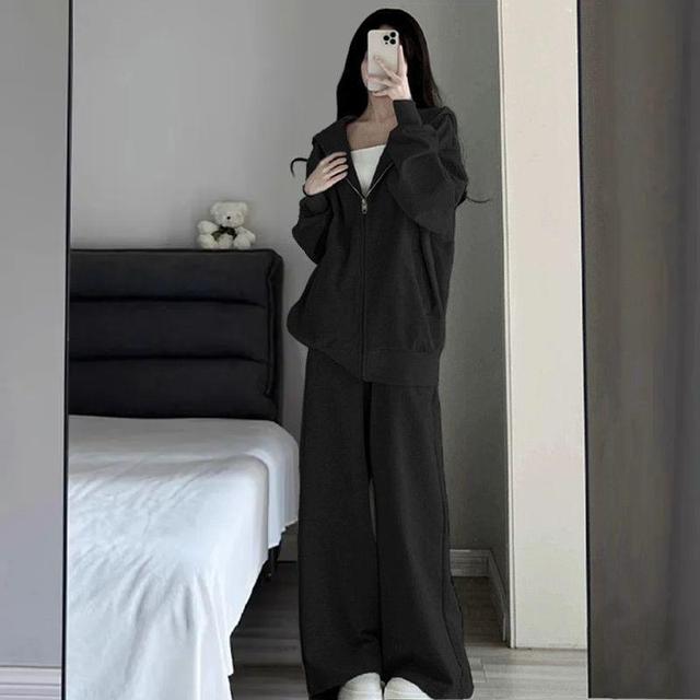 Set: Zip Hoodie + Drawstring Waist Wide Leg Sweatpants Product Image