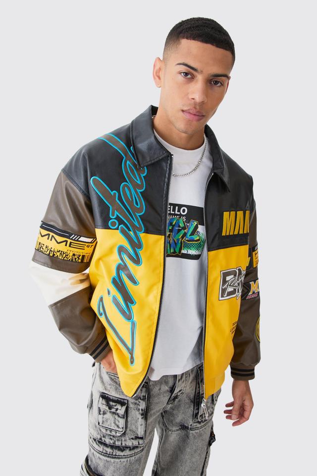 Oversized PU Badge Moto Jacket | boohooMAN USA Product Image