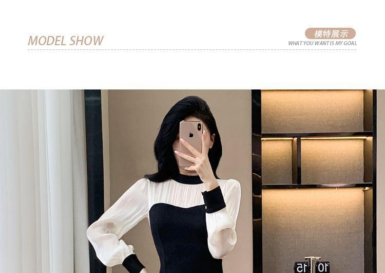 Long-Sleeve Mock Neck Two Tone Midi Sheath Dress Product Image