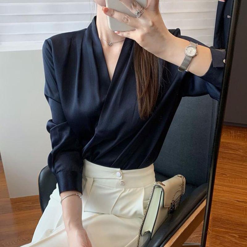 Puff-Sleeve V-Neck Satin Blouse Product Image