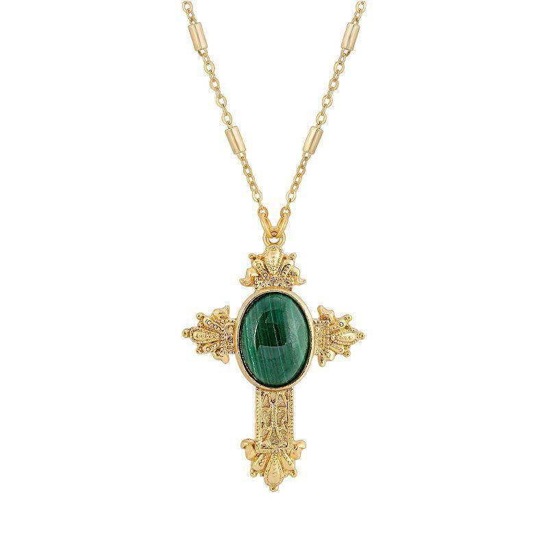 1928 Gold Tone Green Malachite Cross Necklace, Womens Product Image